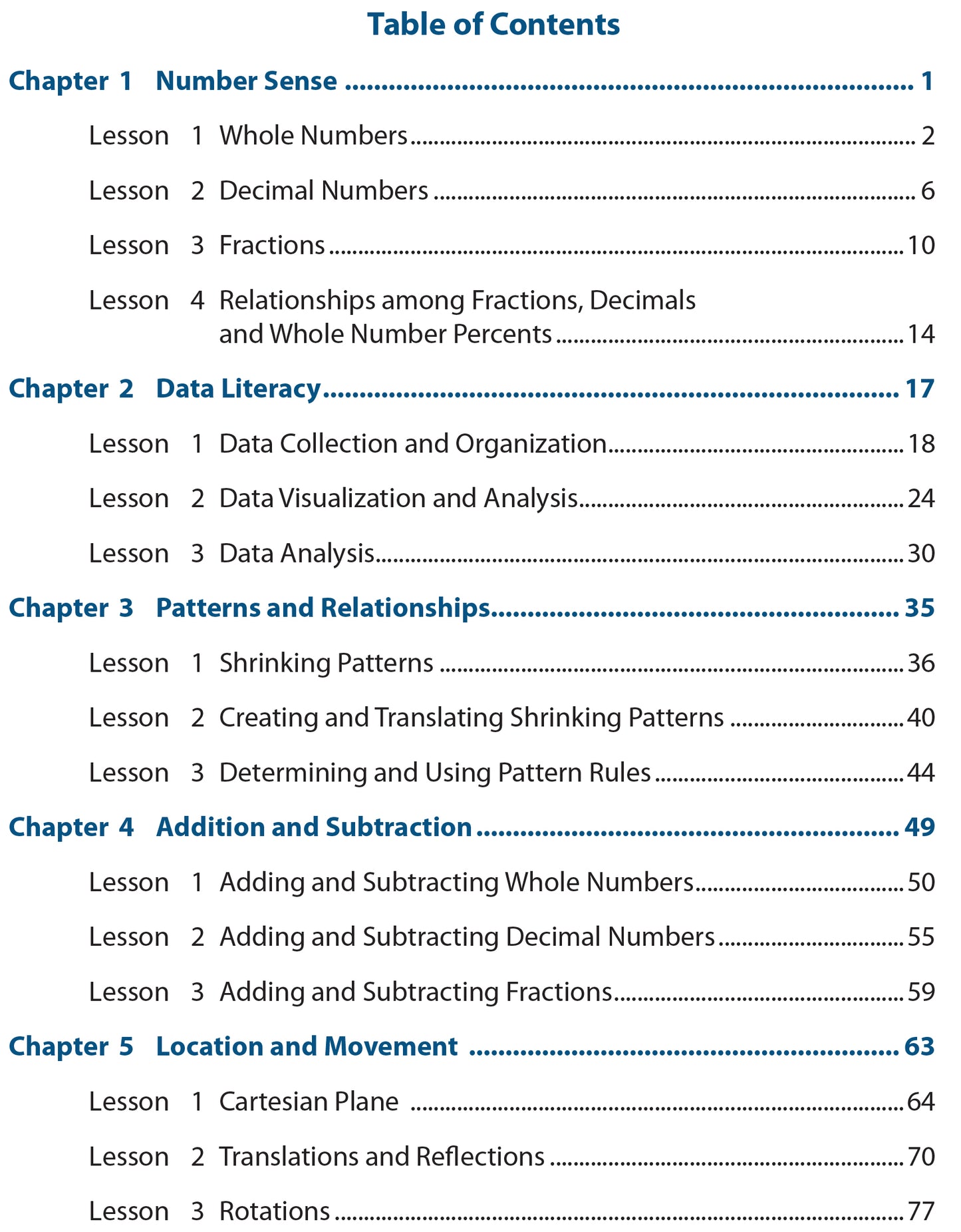 image of table of contents of Math Now Grade 5, Math Workbooks