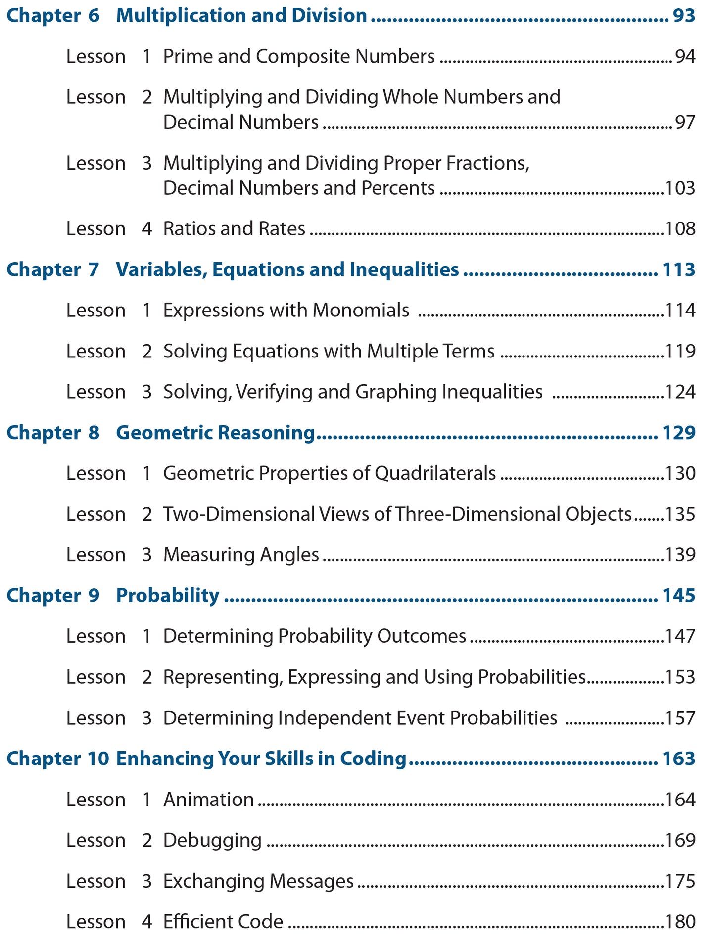 image of table of contents of Math Now Grade 6 Math Textbook