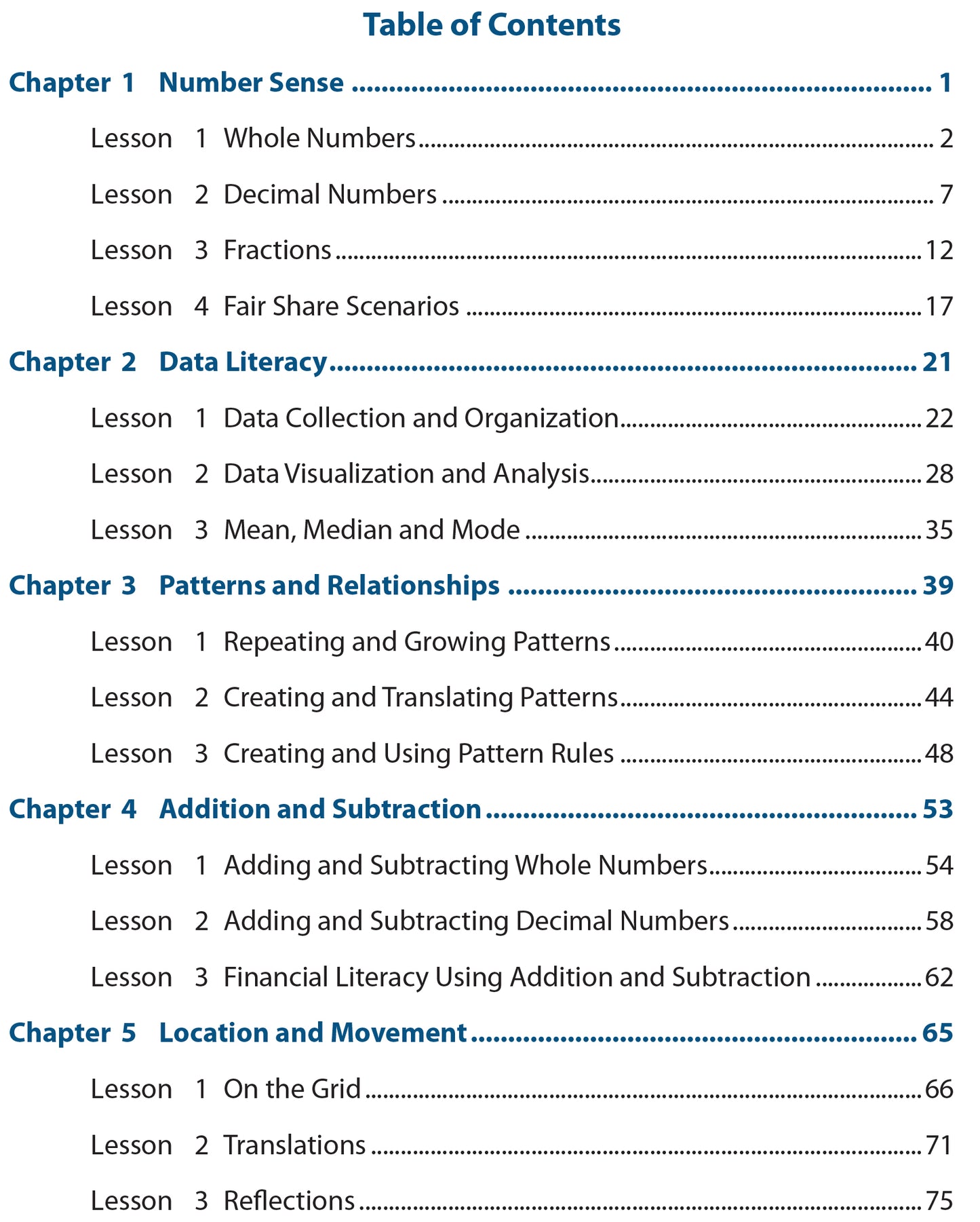 image of table of contents of Math Now Grade 4 Math Workbooks